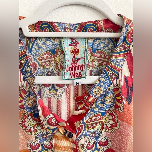 Johnny Was Red Orange Paisley abstract printed multi color silk Poncho M - Picture 3 of 9